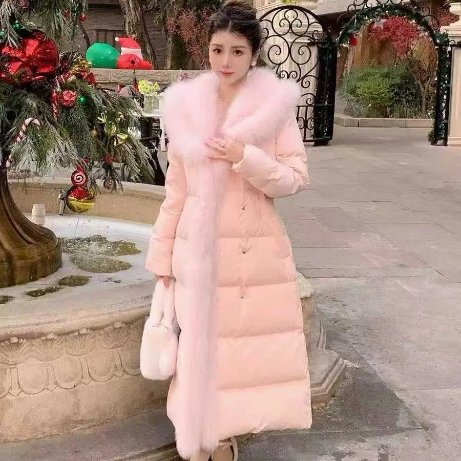 冬季大狐狸毛领长款按扣系腰带保暖中长款韩版修身