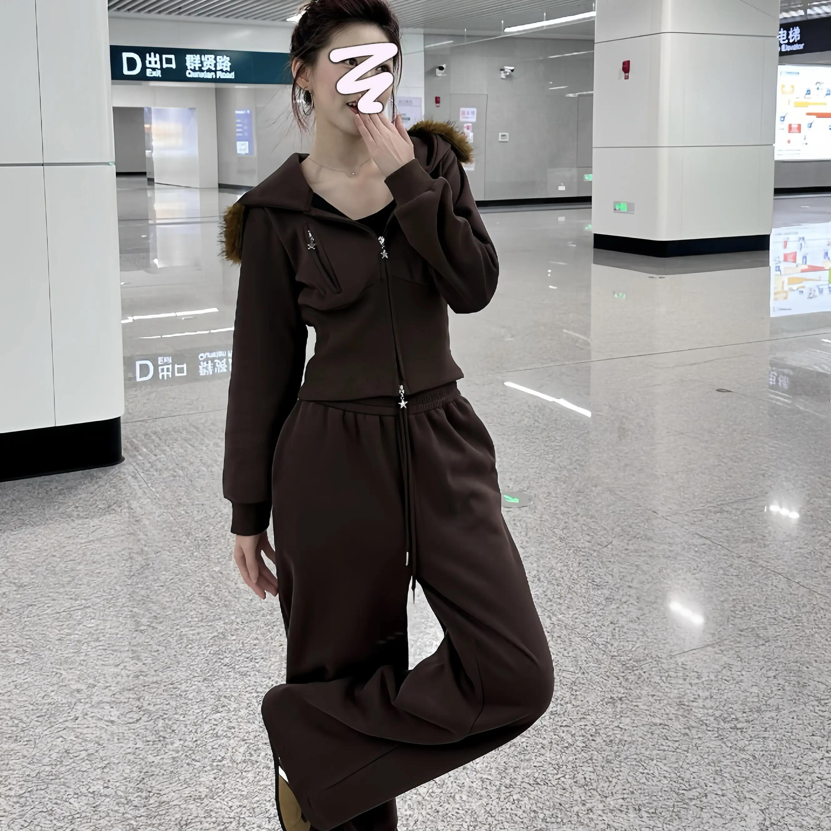 拿铁冬季抓绒加厚连帽卫衣直筒阔腿裤休闲少女风套装