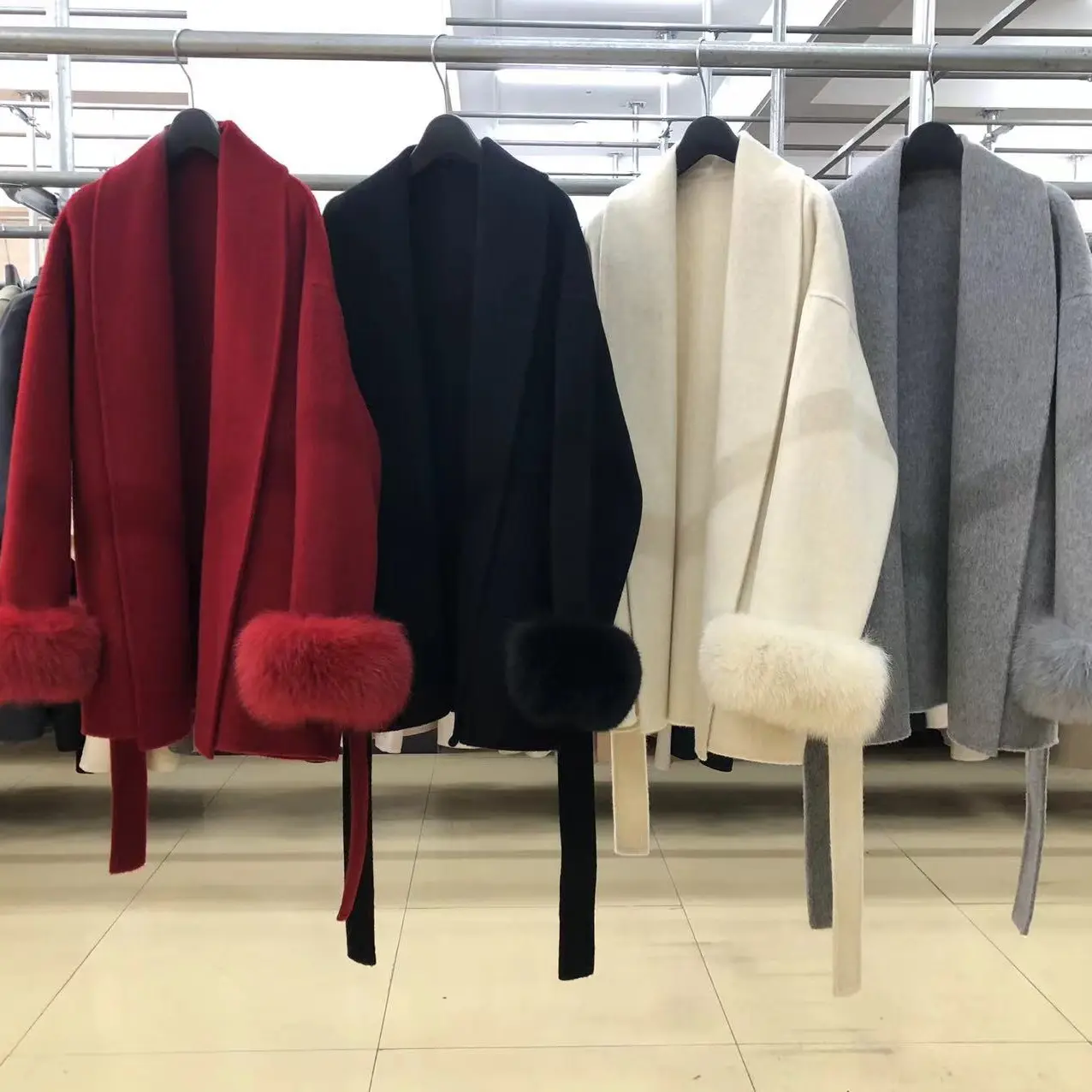 冬季双面 气质纯羊毛大衣女中长款收腰系带气质狐毛袖外套红色