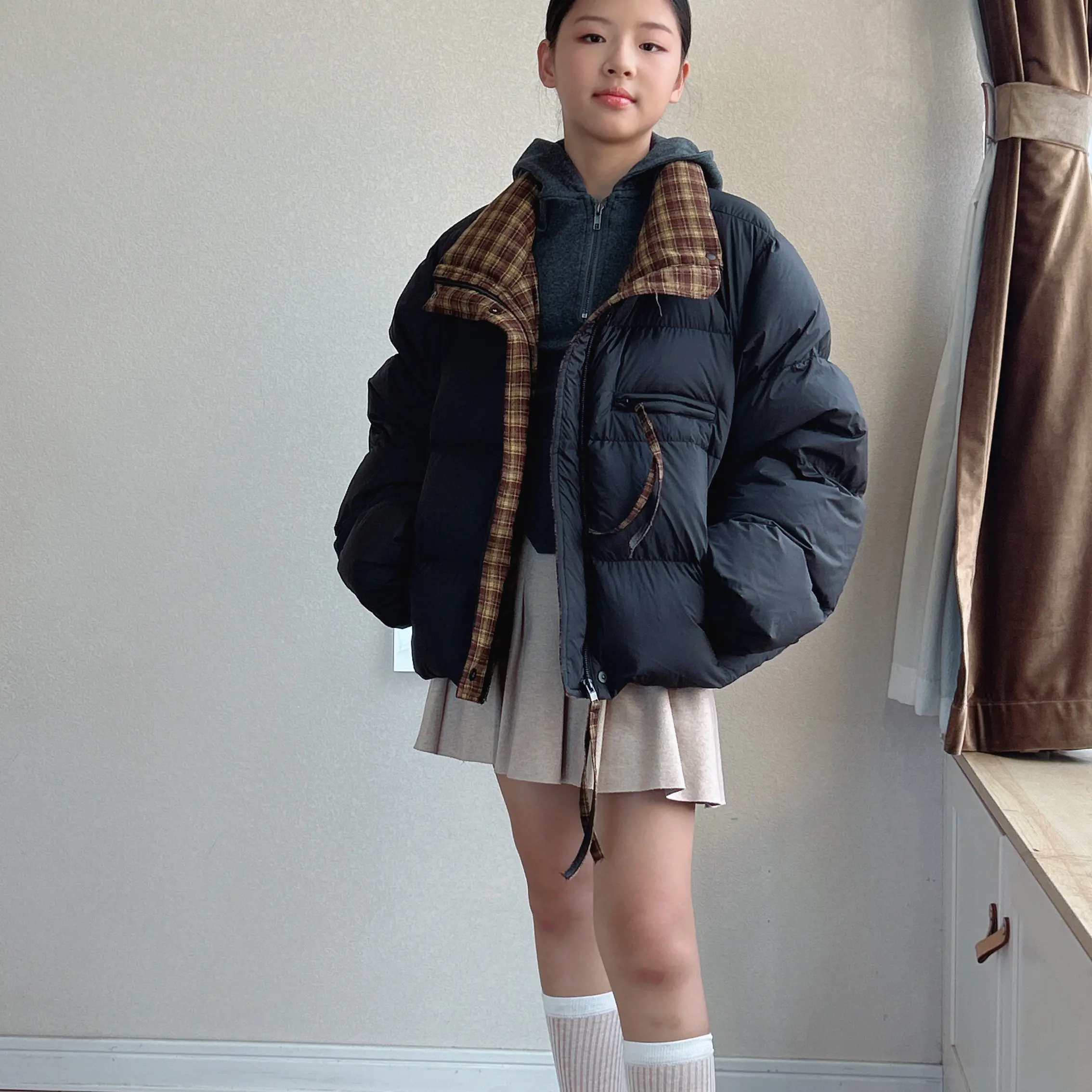 休闲短款棋盘格休闲风宽松型防水韩版立领黑白