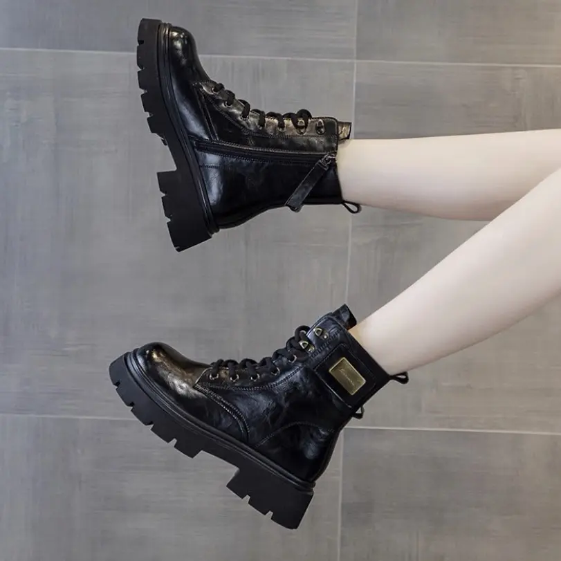 77031马丁靴厚底复古英伦风系带百搭圆头小个子短靴秋冬新款