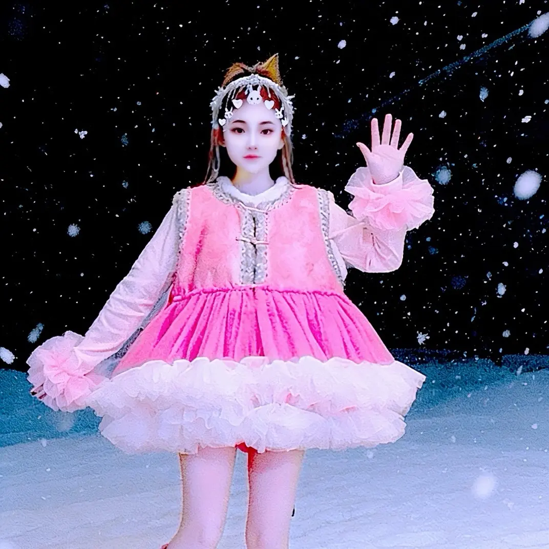 【面条家】5686#新中式冬季保暖甜美马夹蓬蓬外套连衣裙