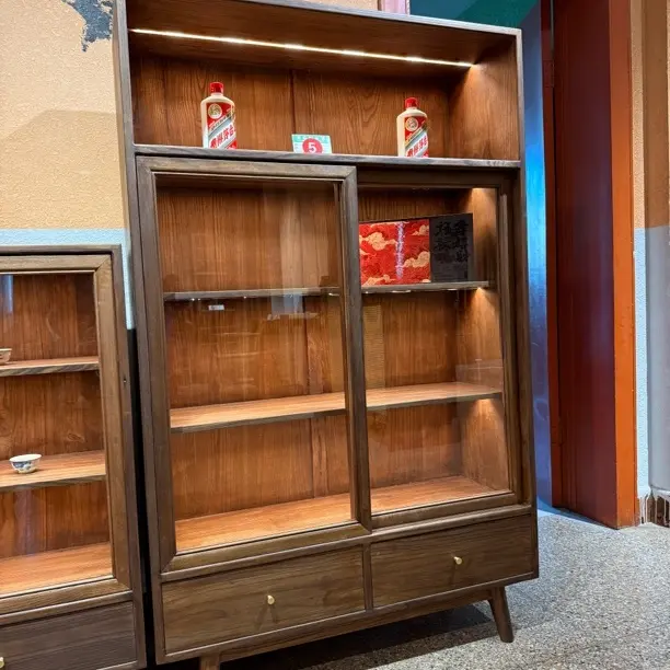 老株木新中式实木茶具收纳柜茶室展示柜玻璃门置物柜原木柜子储物