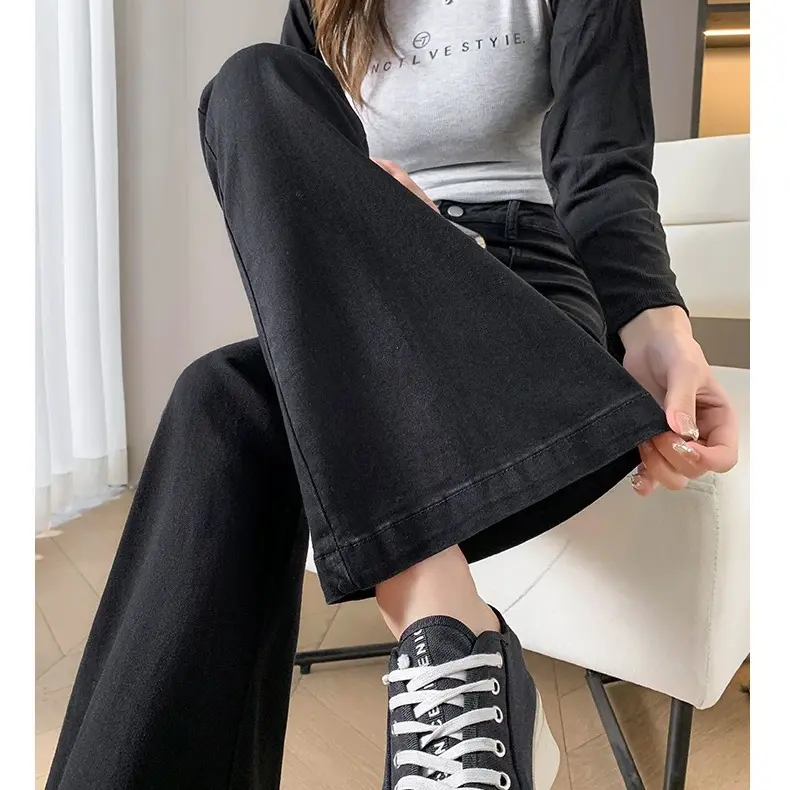 秋冬新款黑色加绒高腰显瘦微喇牛仔裤高个子马蹄裤