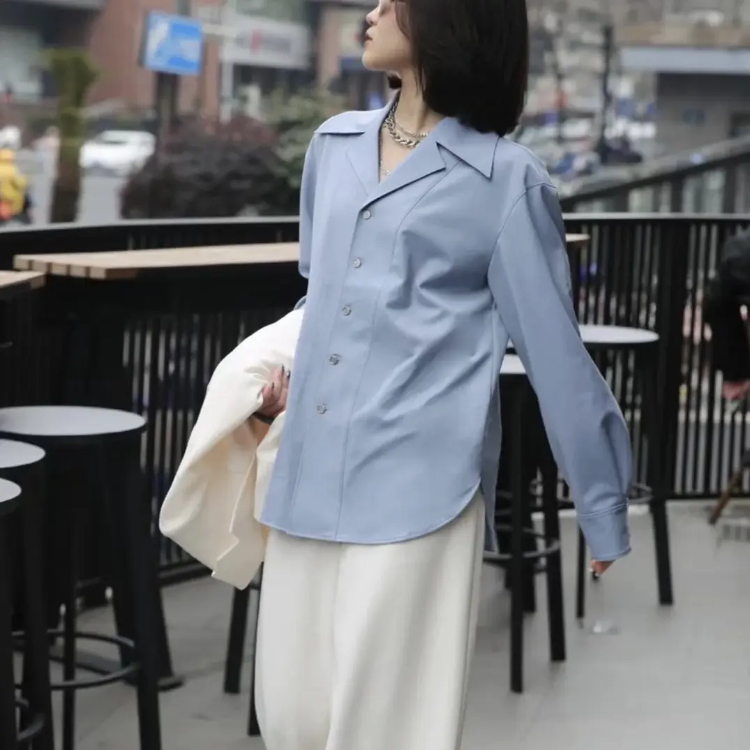 不支持退换 5300924 时尚气质大翻领纯色宽松长袖绵通勤衬衫