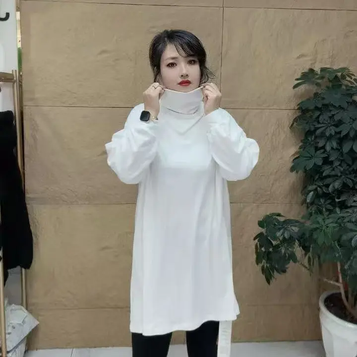 长袖椰蓉发热休闲奶茶系T恤高领女款宽松落肩袖大衫