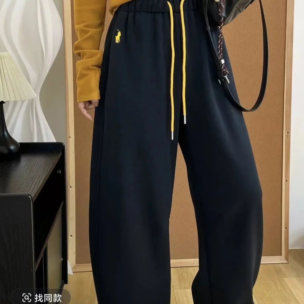 抽绳阔腿加绒卫裤女冬季新款高腰宽松休闲束脚运动长裤