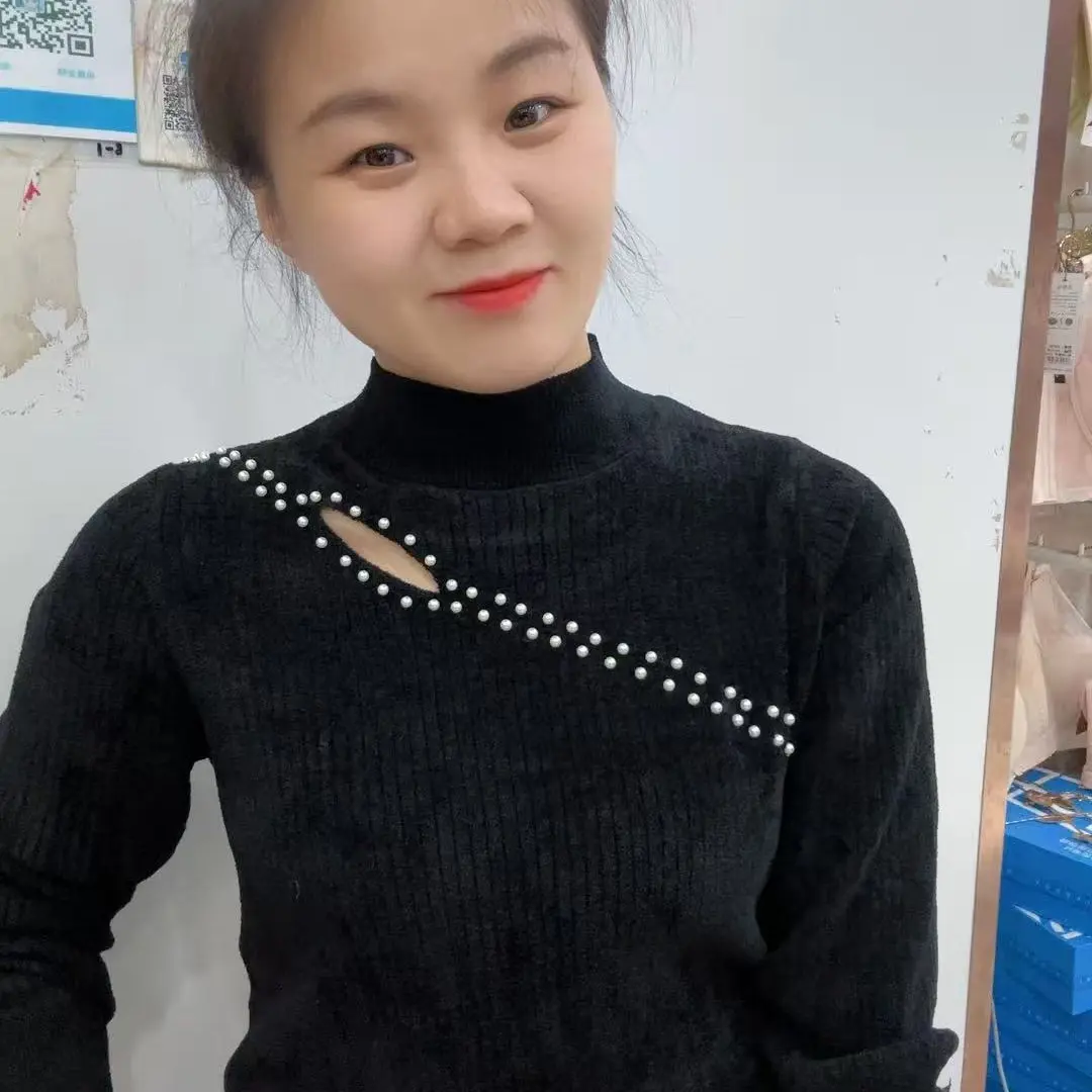 长袖半高领镂空钉珠针织女秋冬打底毛衣时尚洋气修身上衣内搭
