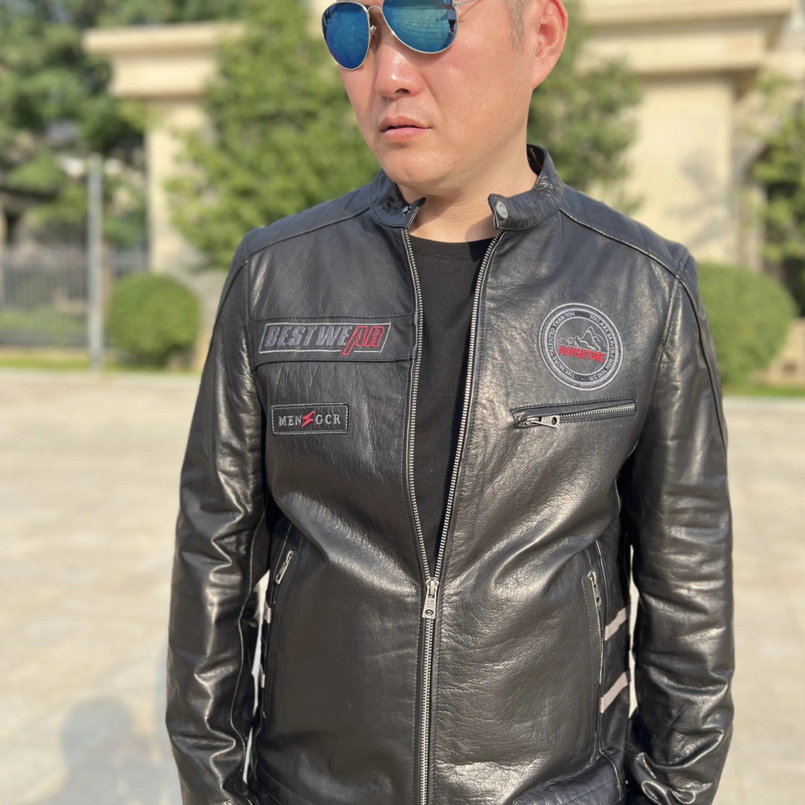 新品真皮头层油蜡牛皮柔软光亮重工刺绣立领时尚休闲百搭外套