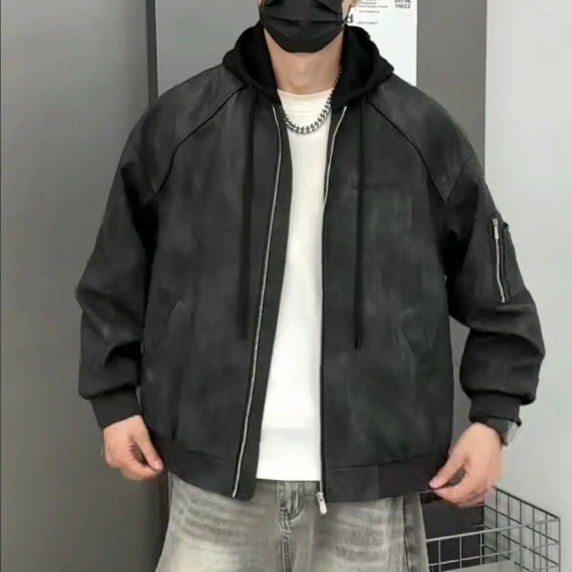 秋冬美式复古潮流男士PU皮立领机车加绒夹克外套