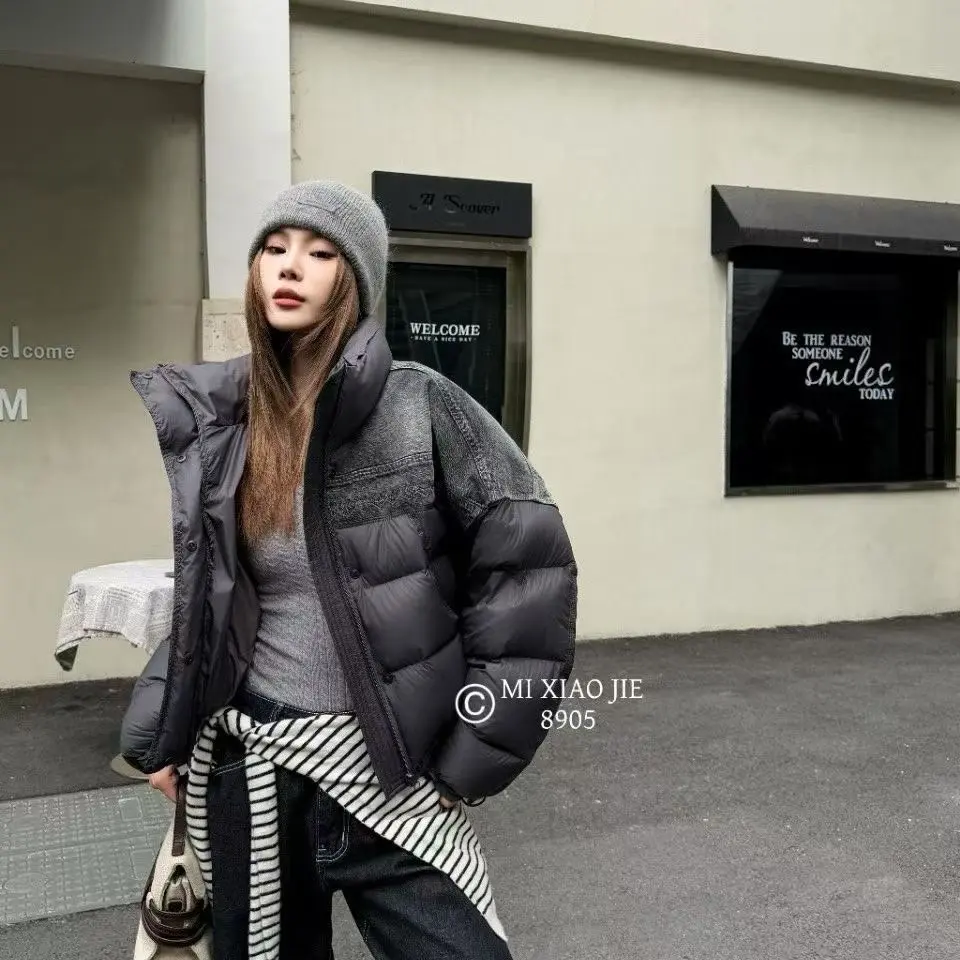 保暖短款韩版黑色常规宽松立领拉链拼接网红