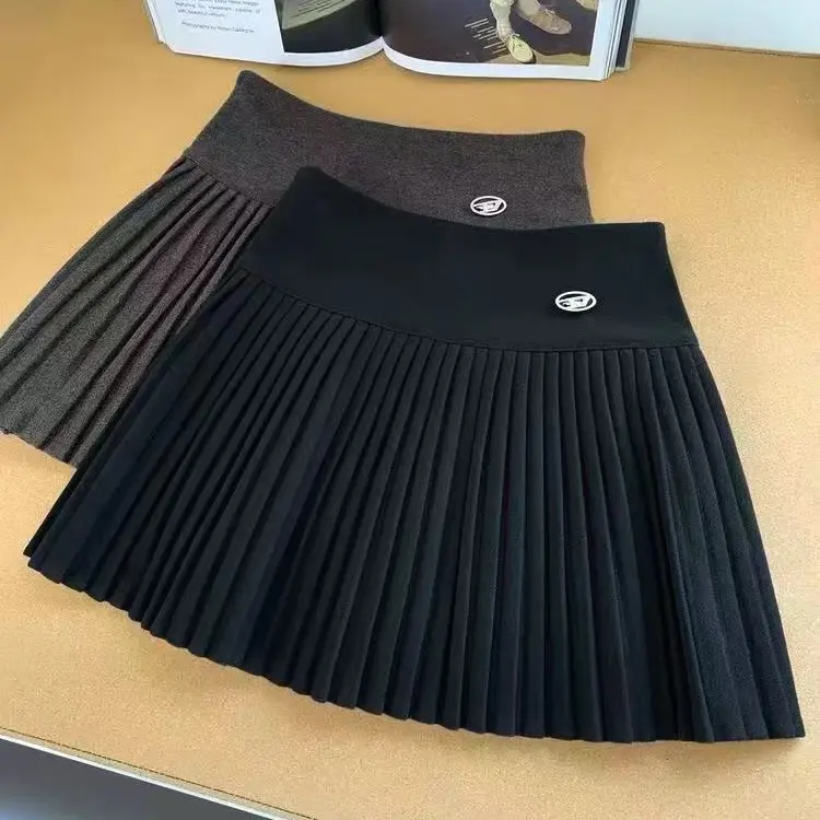 秋冬新款百搭显瘦高腰毛呢百褶半身裙
