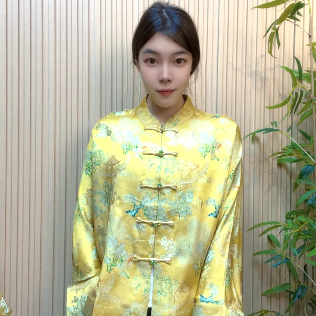 （黄绿庭台楼阁）新中式国风提花立领开衫正肩长袖女上衣外套