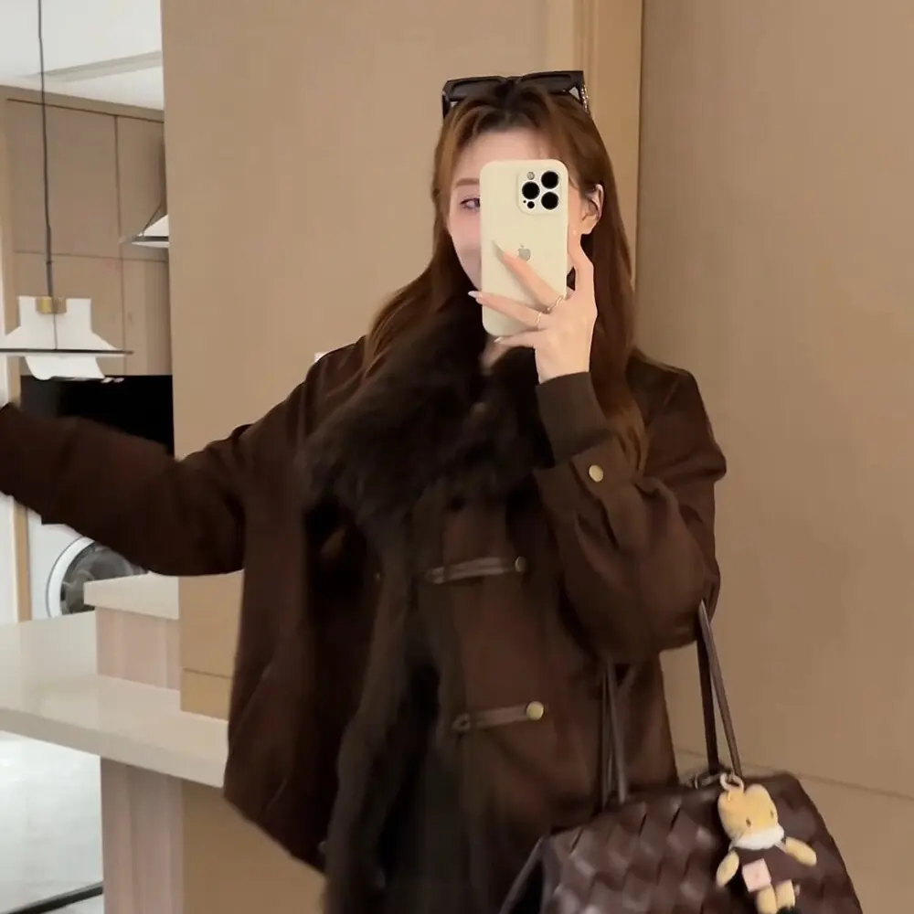 人造皮草 领翻领鹅绒皮草外套女新款休闲长款保暖麂皮绒车条设计