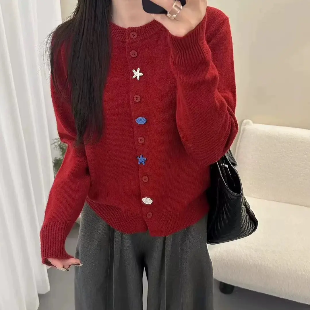 海星贝壳纽扣针织开衫女慵懒风
