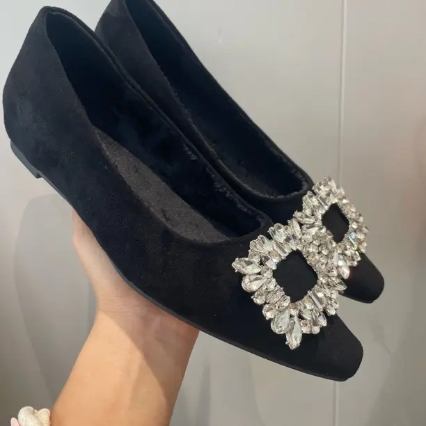 复古水钻内增高女士秋冬百搭方头英伦风平底单鞋