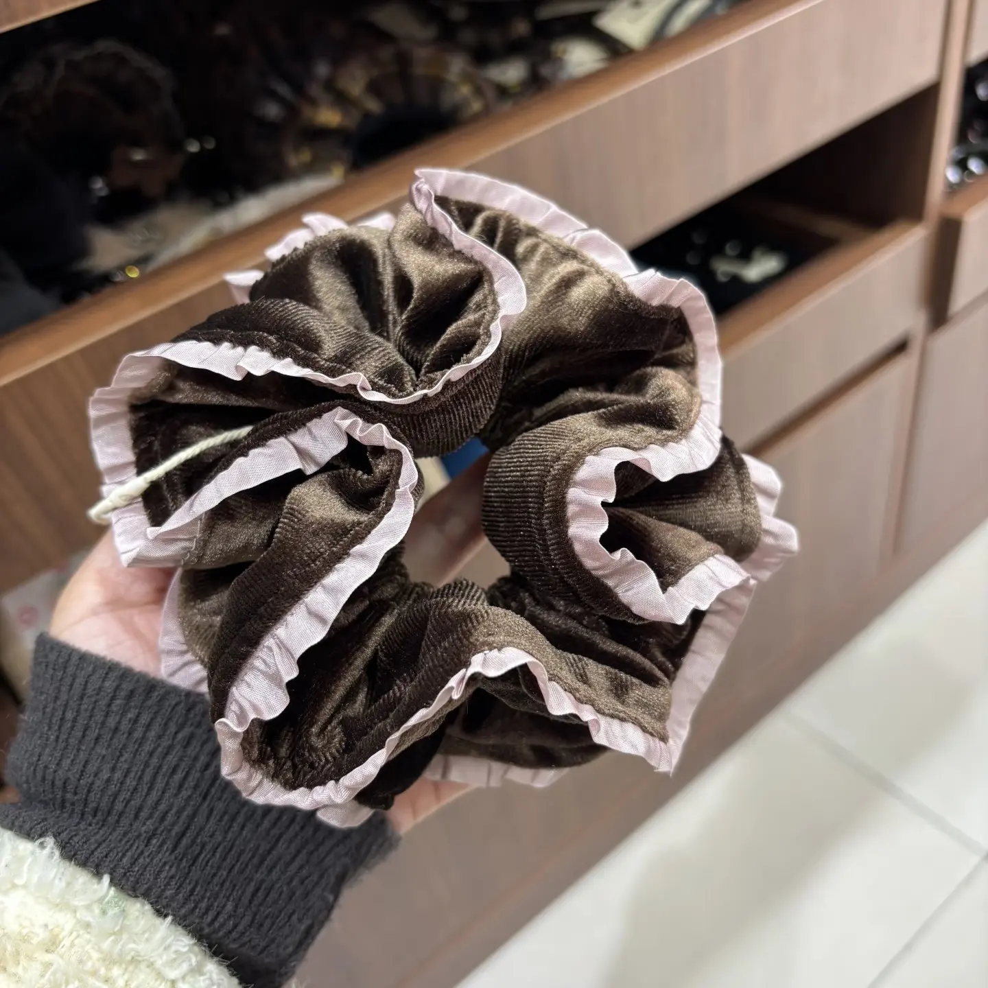 丝绒双层花边大肠发圈女秋冬气质丸子头马尾发绳头饰