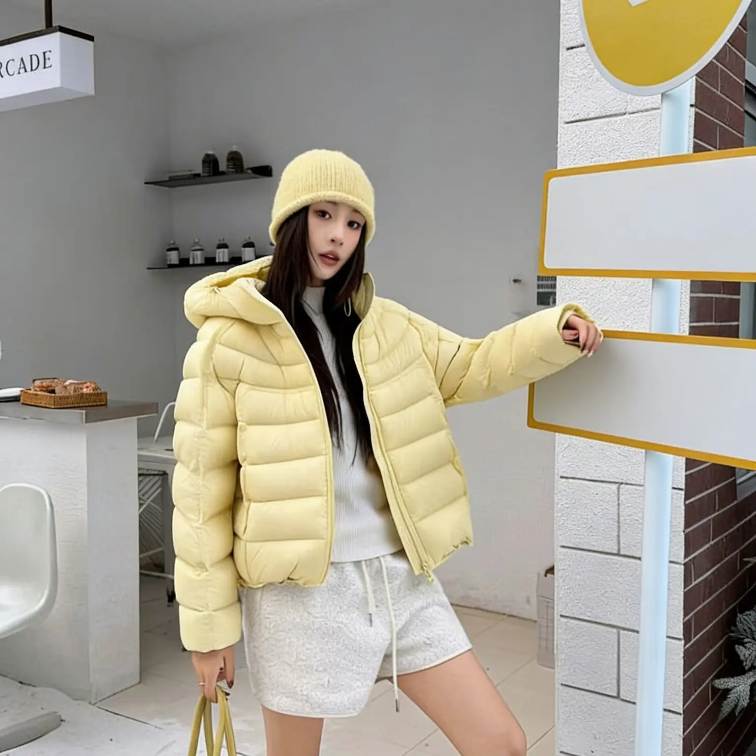 阿琅倚86182韩版排骨绗线短款连帽95白鸭绒女宽松加厚保暖冬季