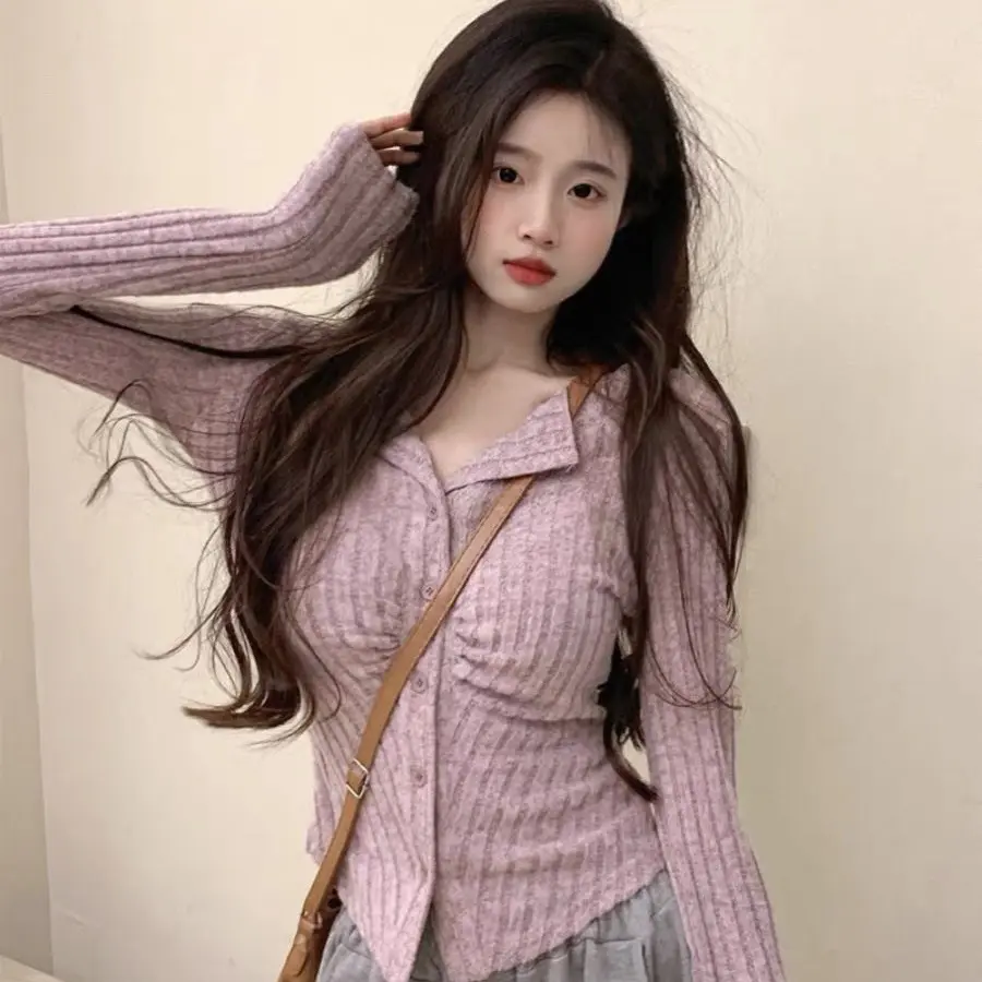 香芋紫V领褶皱长袖针织衫女春秋设计感修身显瘦内搭打底上衣
