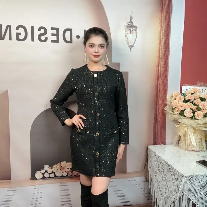 秋冬新款绵羊毛亮片亮丝小香风修身短裙连衣裙