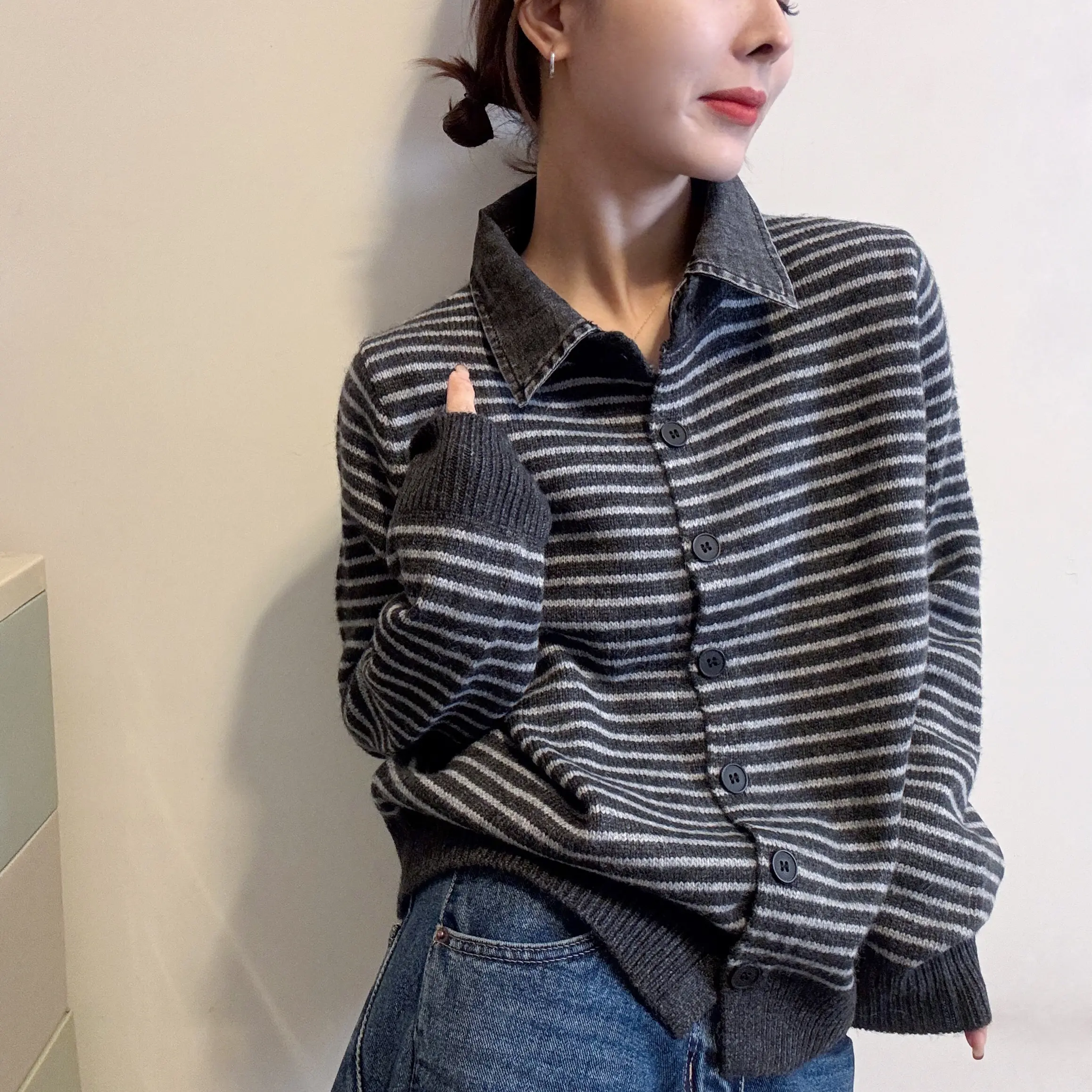 条纹针织长袖毛衣女立领显瘦百搭内搭上衣秋冬慵懒风开衫