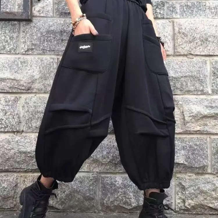 秋冬个性时尚加绒褶皱大口袋黑色灯笼裤
