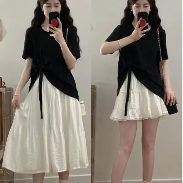 大码女装夏季新款胖mm新款花边蛋糕裙+蝴蝶结宽松T恤洋气减龄套装