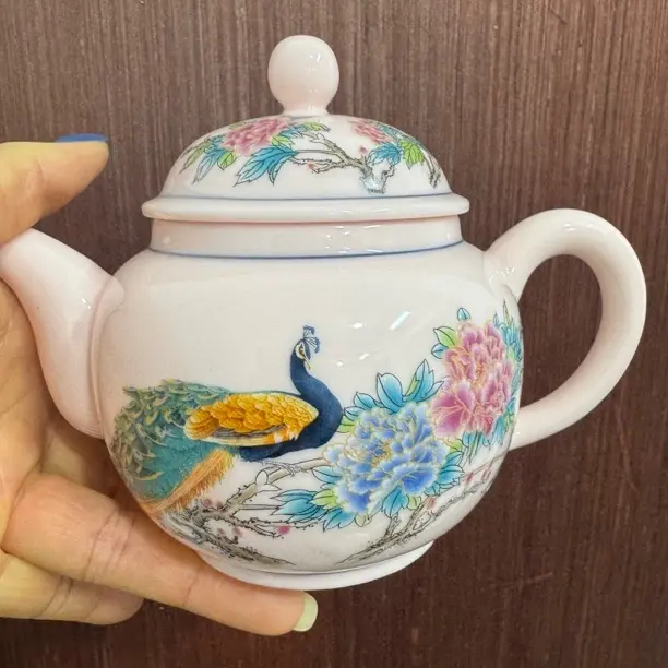 高温陶瓷稀土粉彩手绘仙鹤泡茶壶功夫茶茶具家居摆件