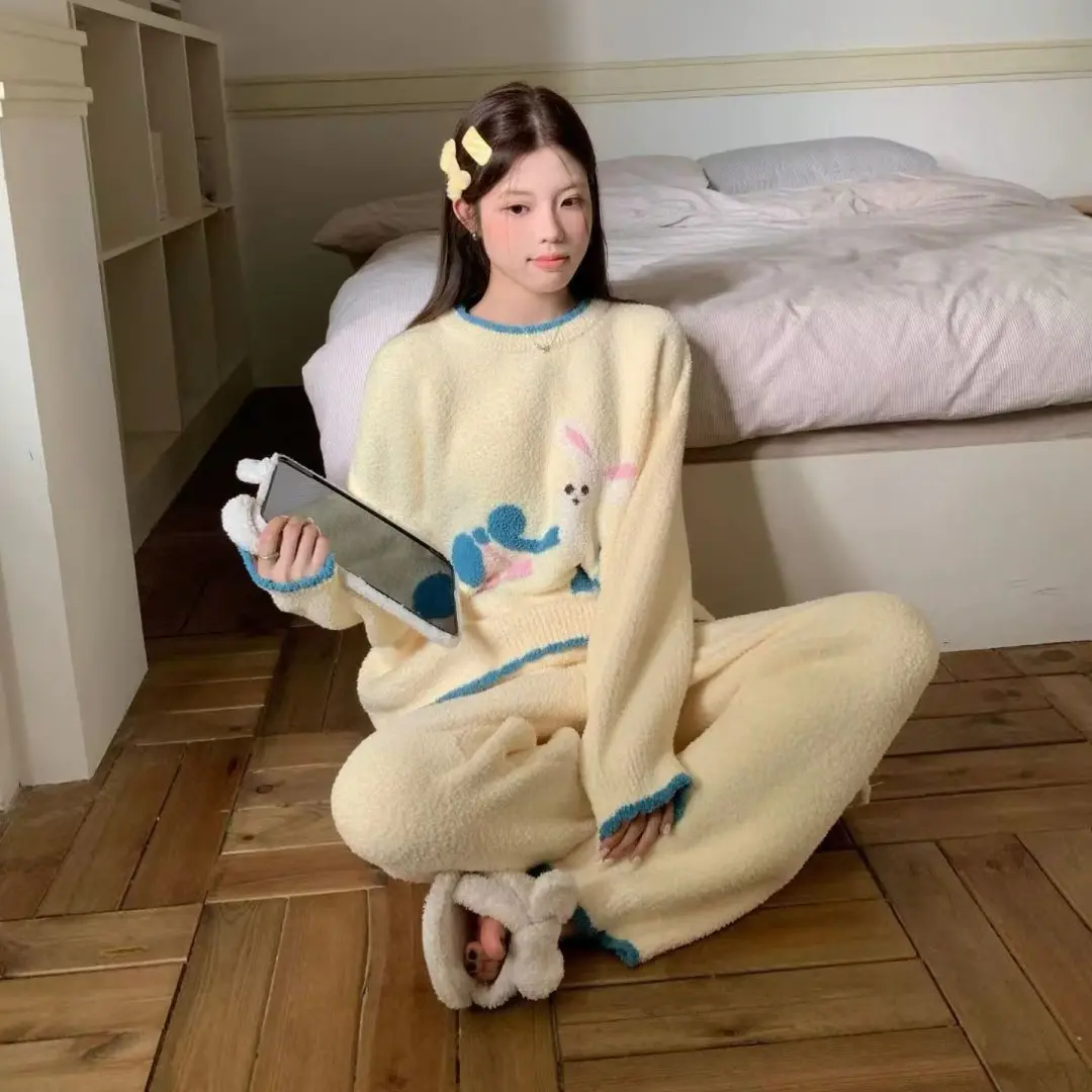 秋冬半边绒新款可爱加厚保暖女款睡衣套装