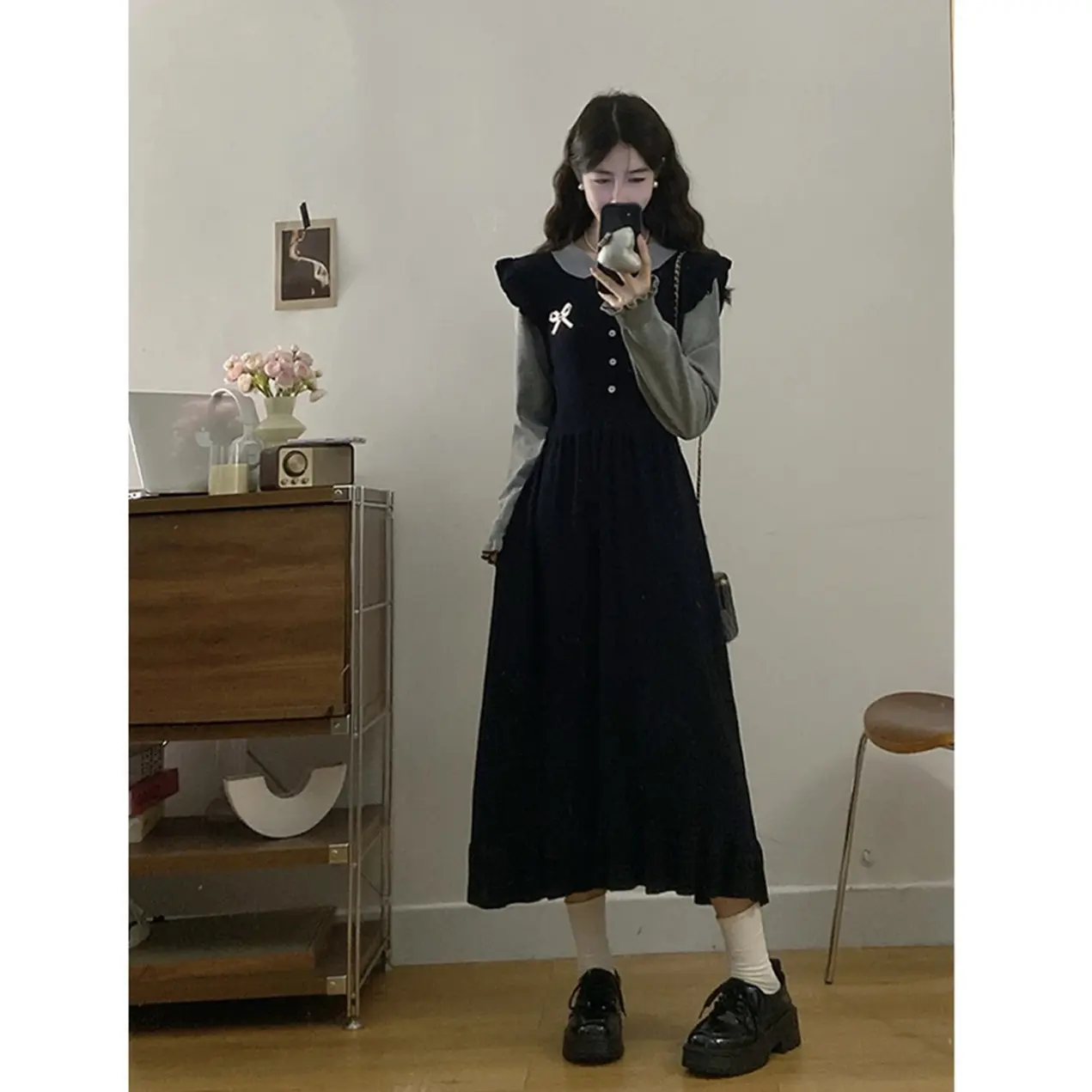 秋冬新款黑色假两件拼接气质修身长袖连衣裙009