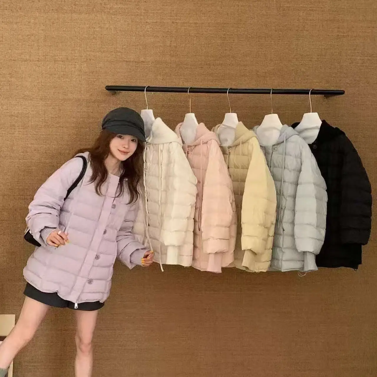 【张开心】韩系可拆卸针织连帽保暖中长款白鸭绒排骨外套