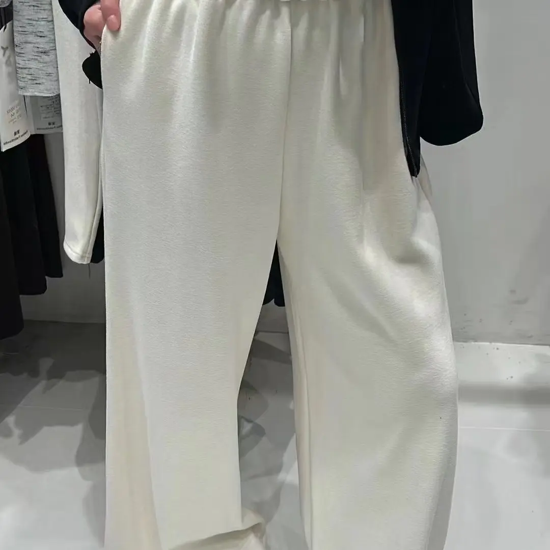 [大妍妍]冬季新款加绒加厚软糯垂感高腰显瘦宽松米白色糯米阔腿裤