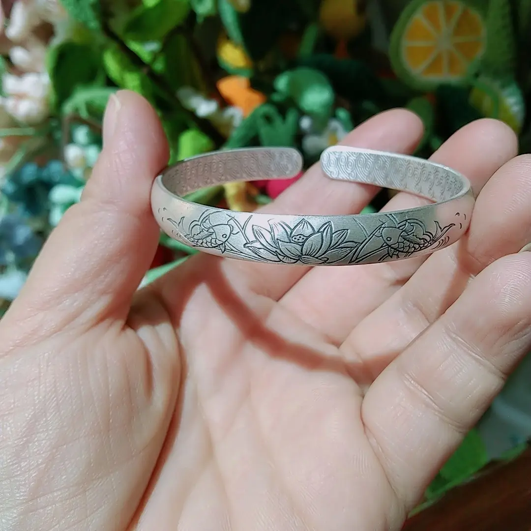 足银手镯  复古莲花锦鲤手镯