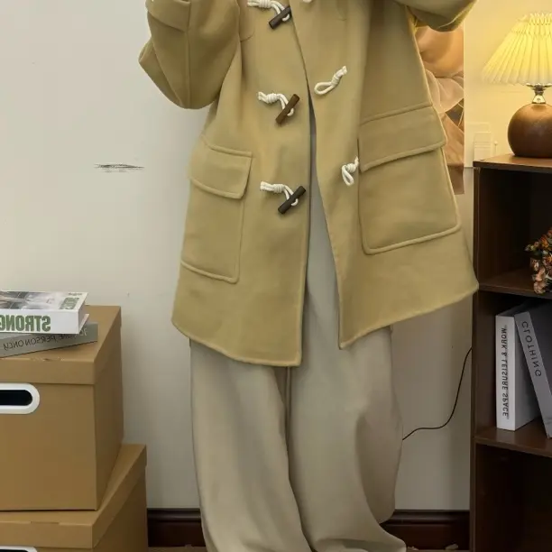 女士秋冬新款连帽牛角扣双面羊绒宽松毛呢大衣小个子适用