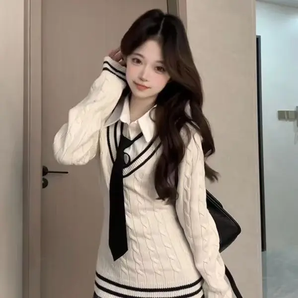 秋冬甜美学院风针织上衣搭配百褶短裙套装