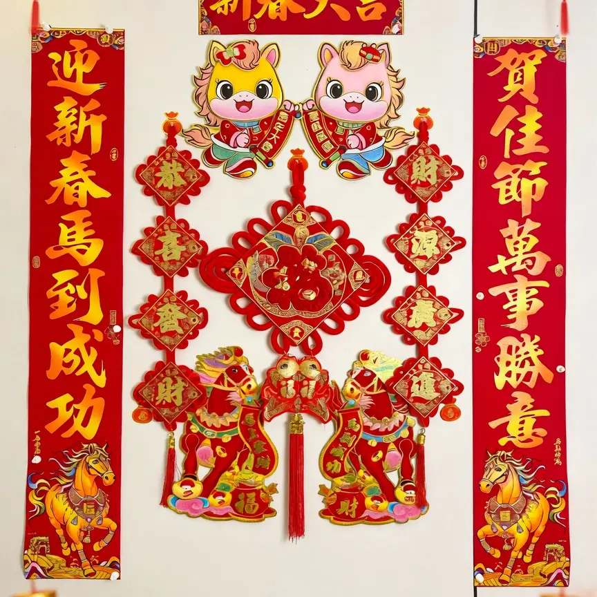 马年新款高档绒布烫金立体春联自带背胶家用装饰