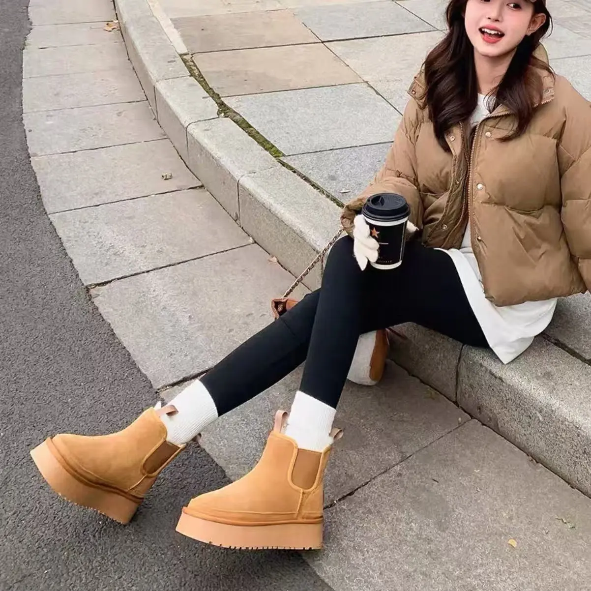 切尔西雪地靴女内增高加绒加厚坡跟厚底防滑保暖棉鞋冬季