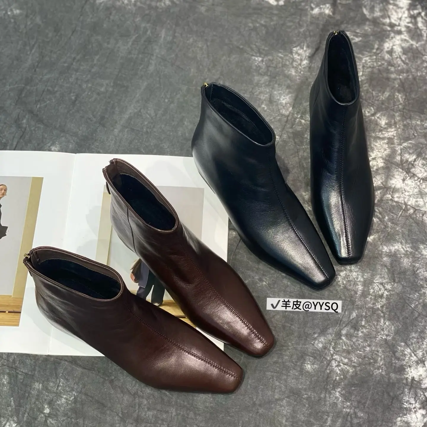 冬季新款真皮方头粗跟短靴加绒显瘦百搭短筒切尔西女靴