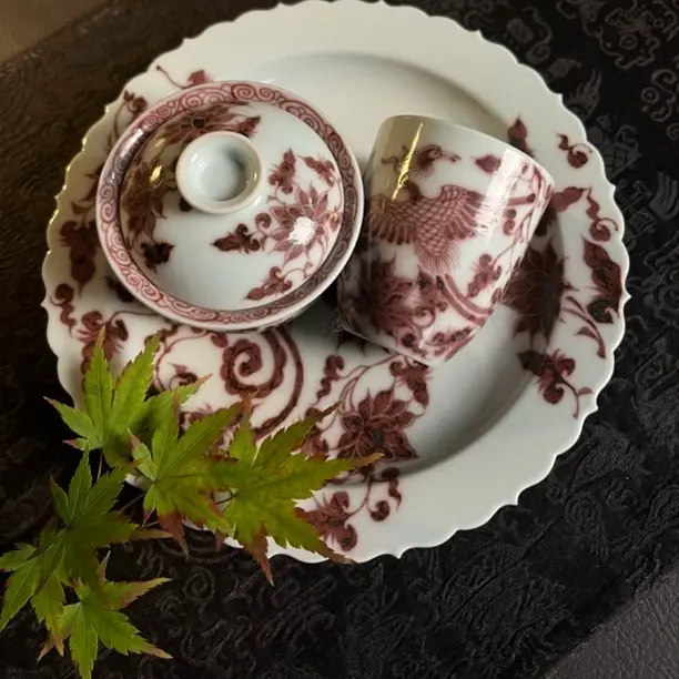 幽蓝溪堂景德镇陶瓷全手工手绘仿元釉里红凤穿缠枝白瓷三件套茶具