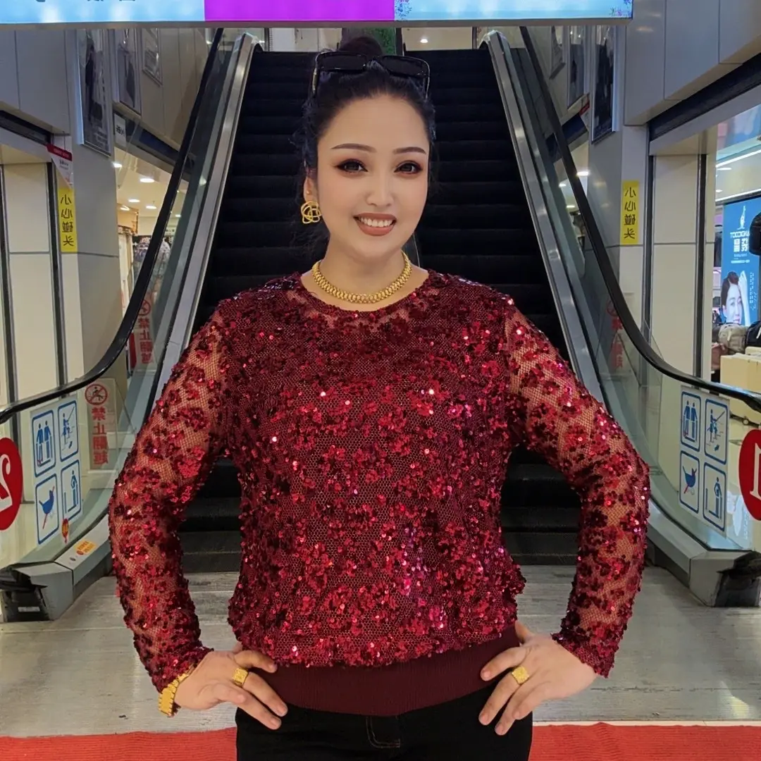 亮片设计感T恤圆领长袖时尚百搭ins气质上衣