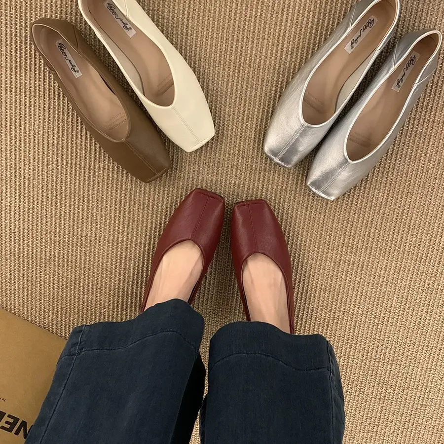 浅口方头豆豆鞋单鞋平跟糖果鞋单鞋夏季女鞋子复古奶奶鞋春季法式