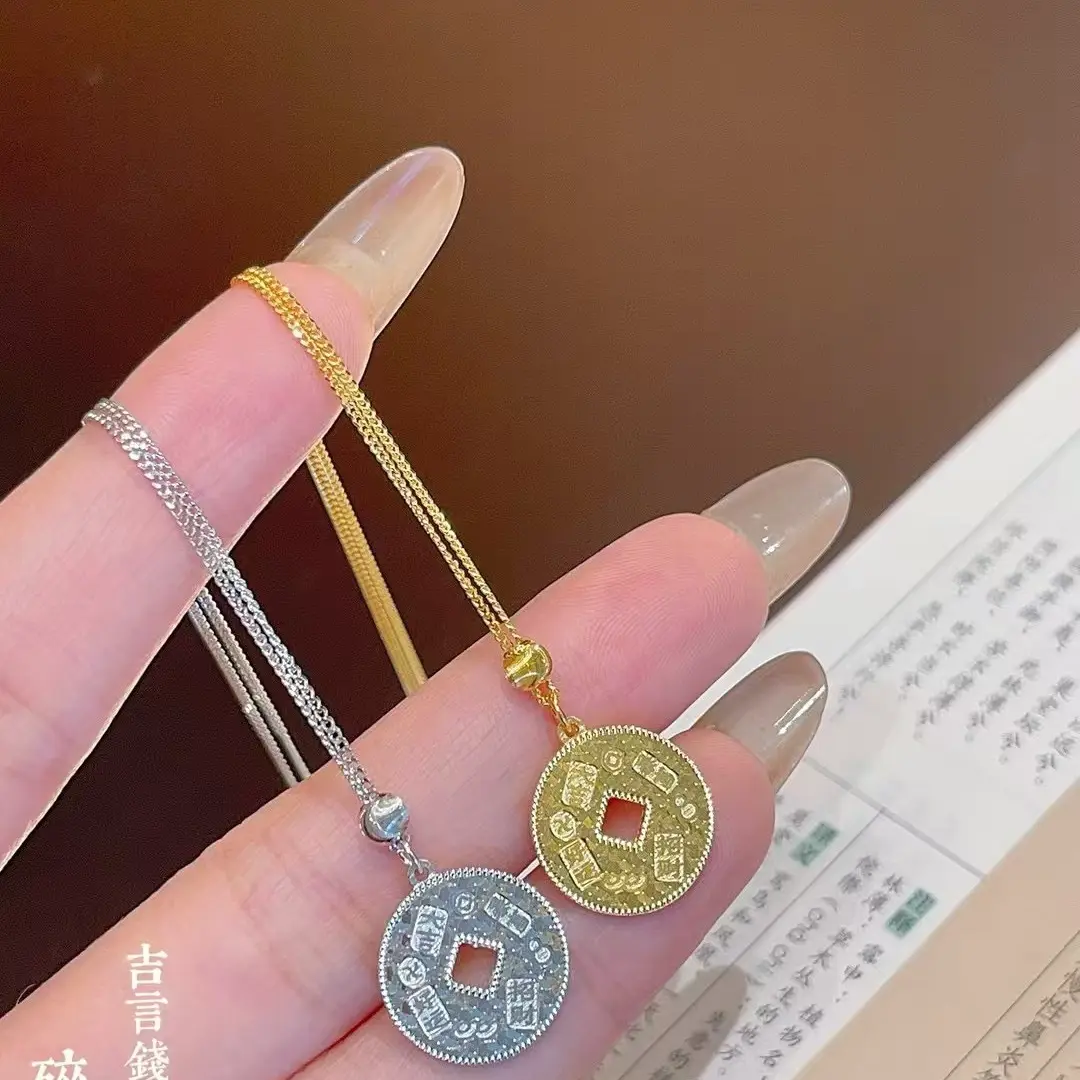坠链均925银 纯银碎冰冰钱币吉言项链女碎银子新中式项链锁骨链