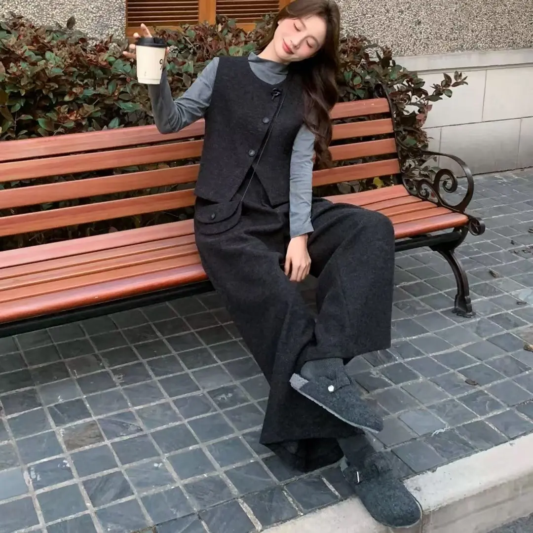 靓影轩  新款 韩系气质减龄显瘦马甲阔腿裤套装