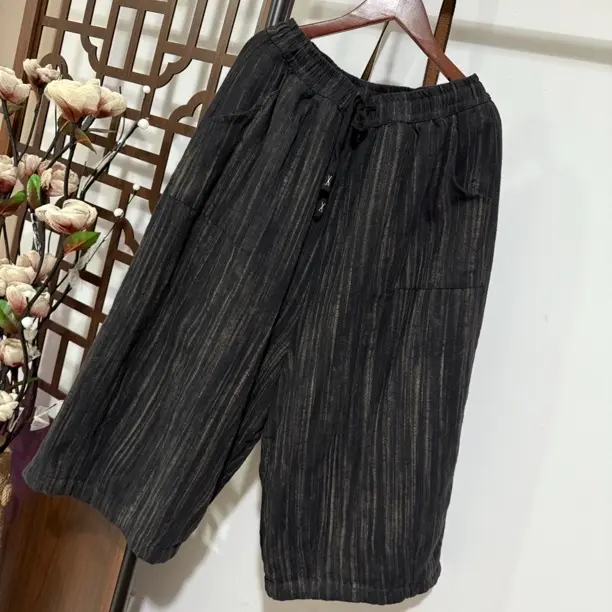 复古炒色条纹牛仔阔腿裤女宽松七分裤松紧腰休闲春秋