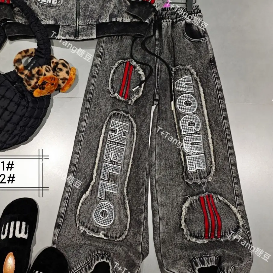 欧货潮牌加绒牛仔工装裤女冬款显瘦百搭个性设计感直筒裤