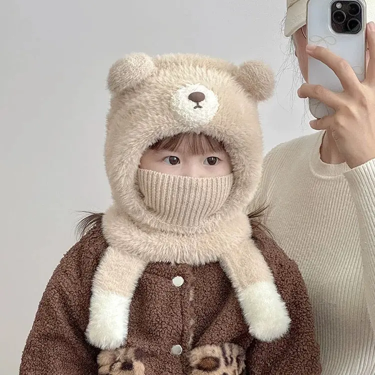 儿童帽子围脖口罩一体护耳帽秋冬季保暖毛绒帽男女宝宝防风套头帽