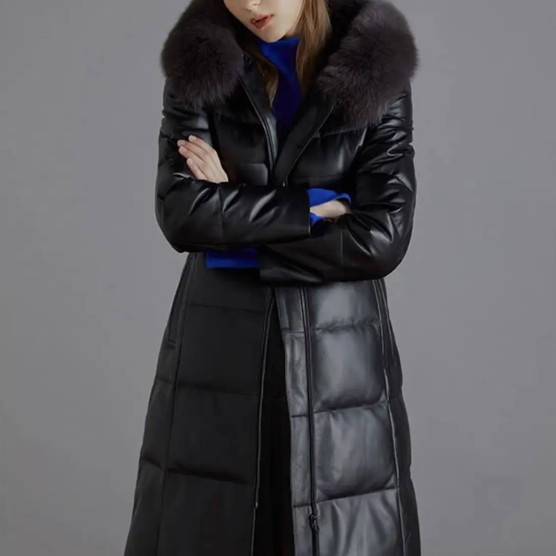 新款女士中长款真皮绵羊皮加绒保暖狐狸毛领皮衣外套