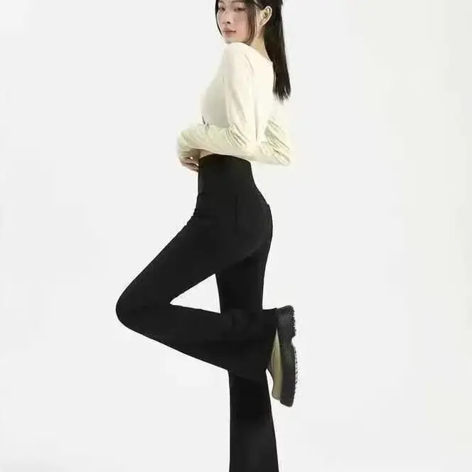 加绒加厚喇叭裤修身显瘦有兜打底裤高腰提臀黑金微喇芭比裤