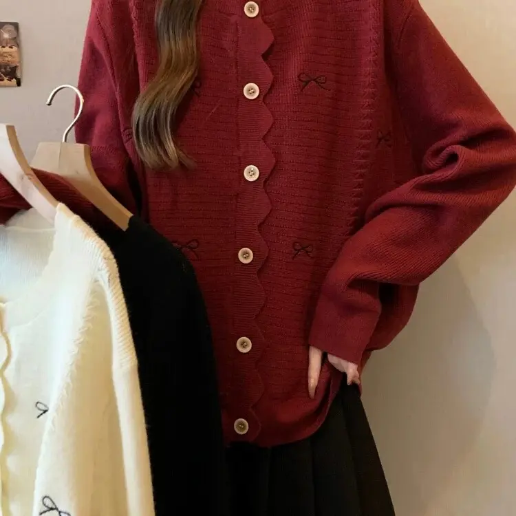 韩系辣妹蝴蝶结毛衣女春秋微胖MM大码显瘦宽松长袖开衫上衣