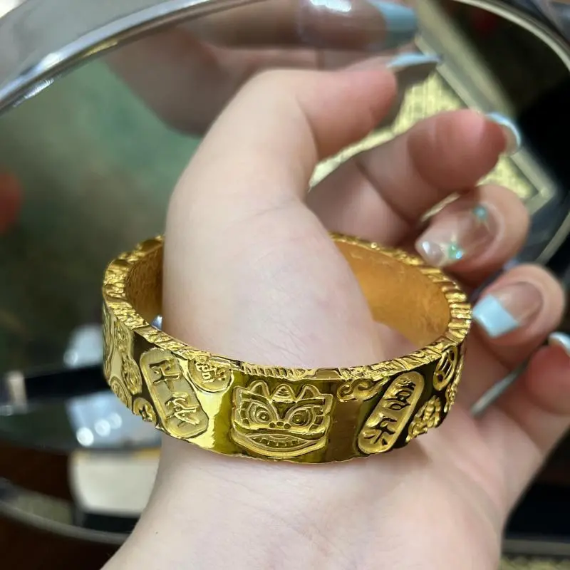 铜合金手镯 福字吉言手镯女锤纹醒狮财顺转运镯子女款仿金手镯